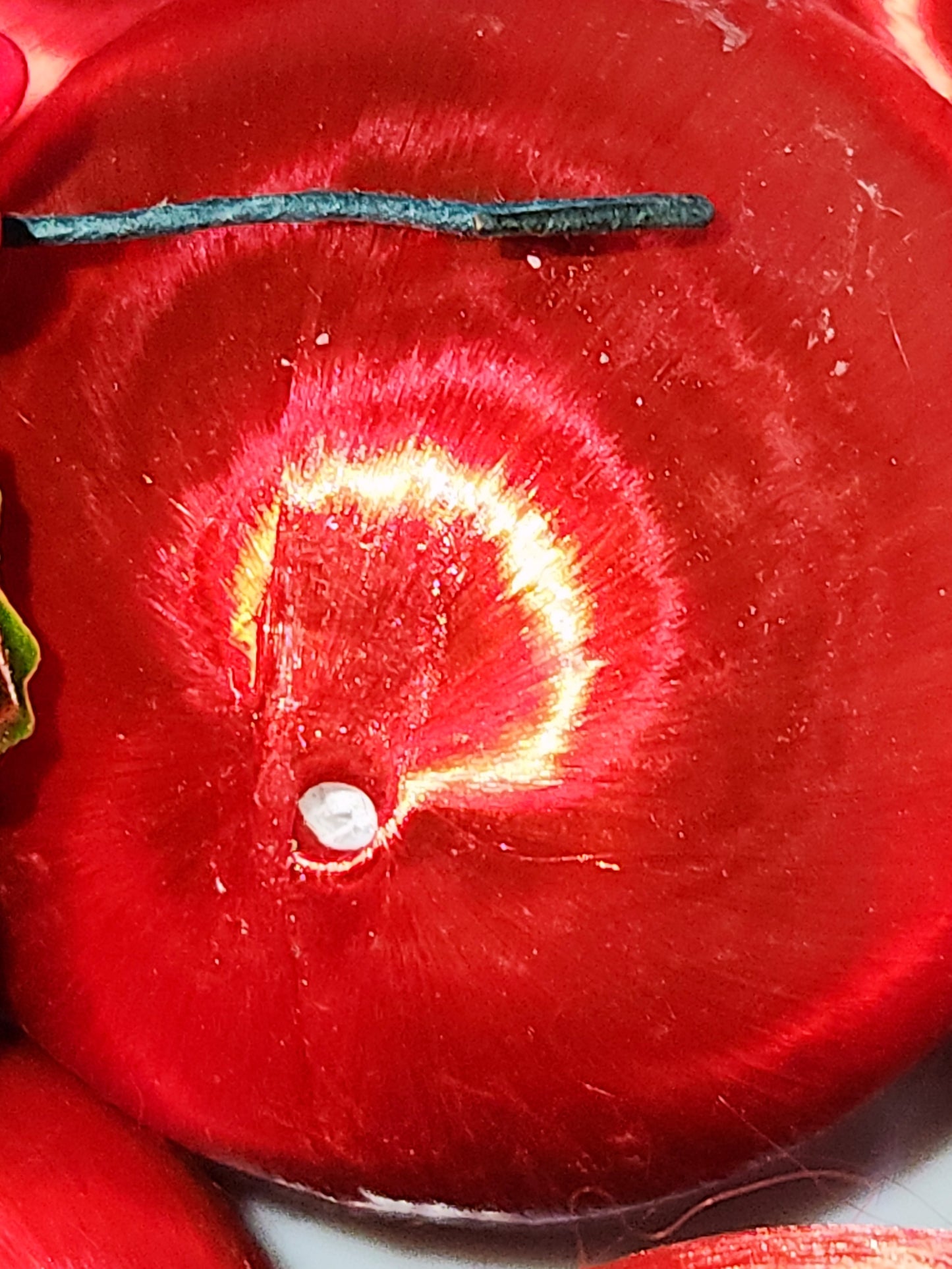 Vintage Red Satin Spun Silk Christmas Ornament 2" Ball With Green Holly Leaf and Green Metal Hanger