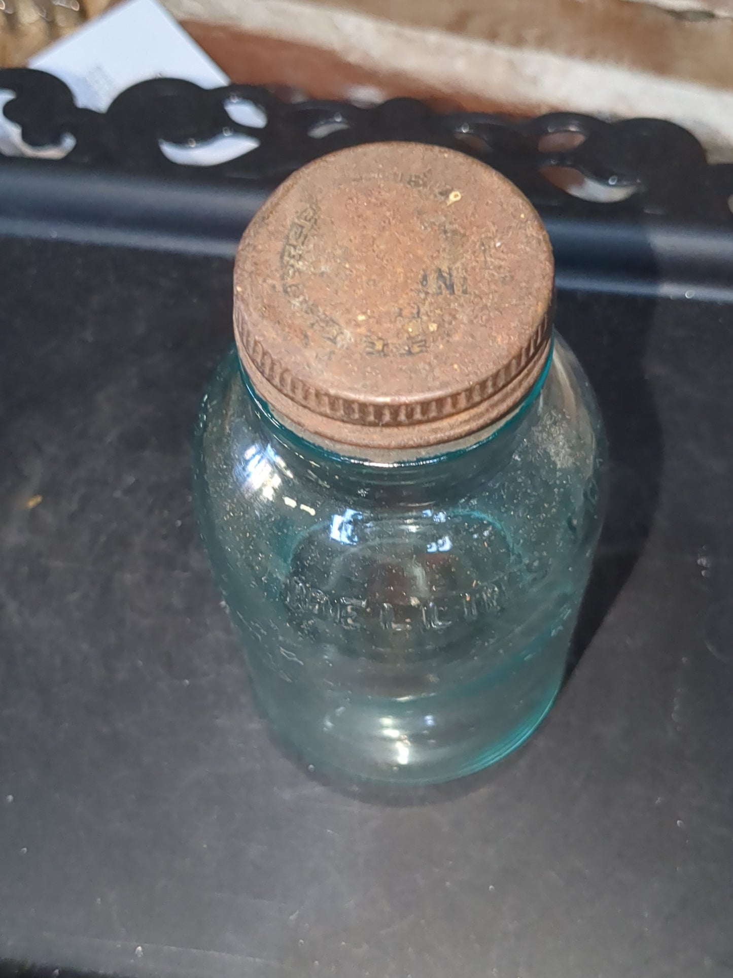 Vintage Mellin's Food Co Boston 6" Bottle Jar Aqua Blue Glass with lid Mellins bt87