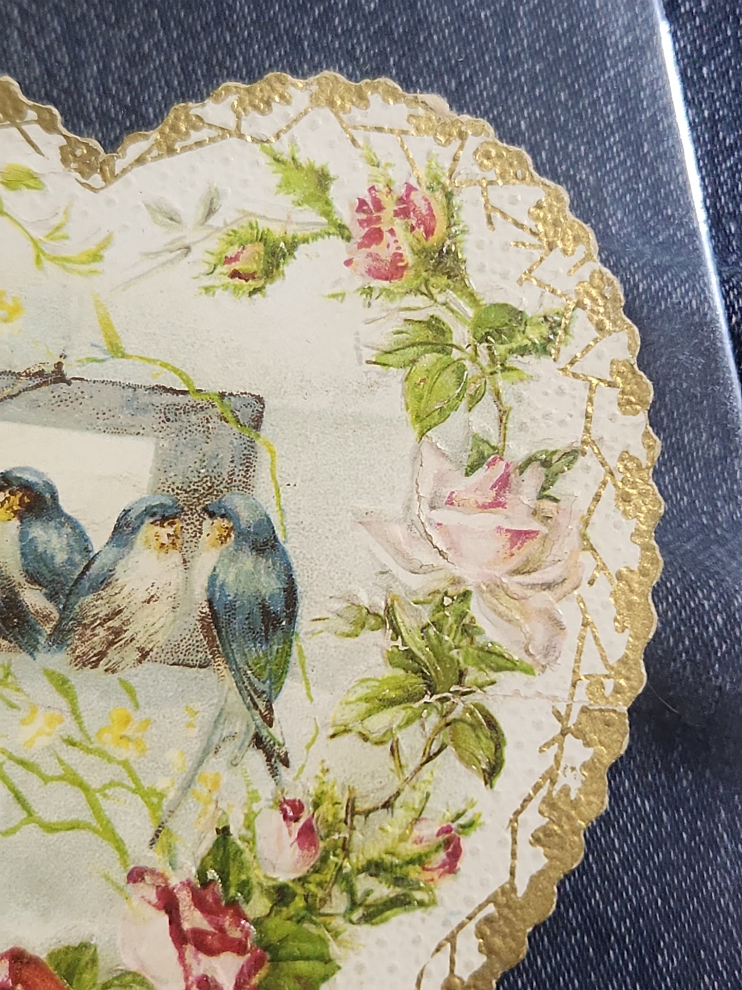 Antique Valentine Card Die-Cut Embossed Heart with Birds and Roses