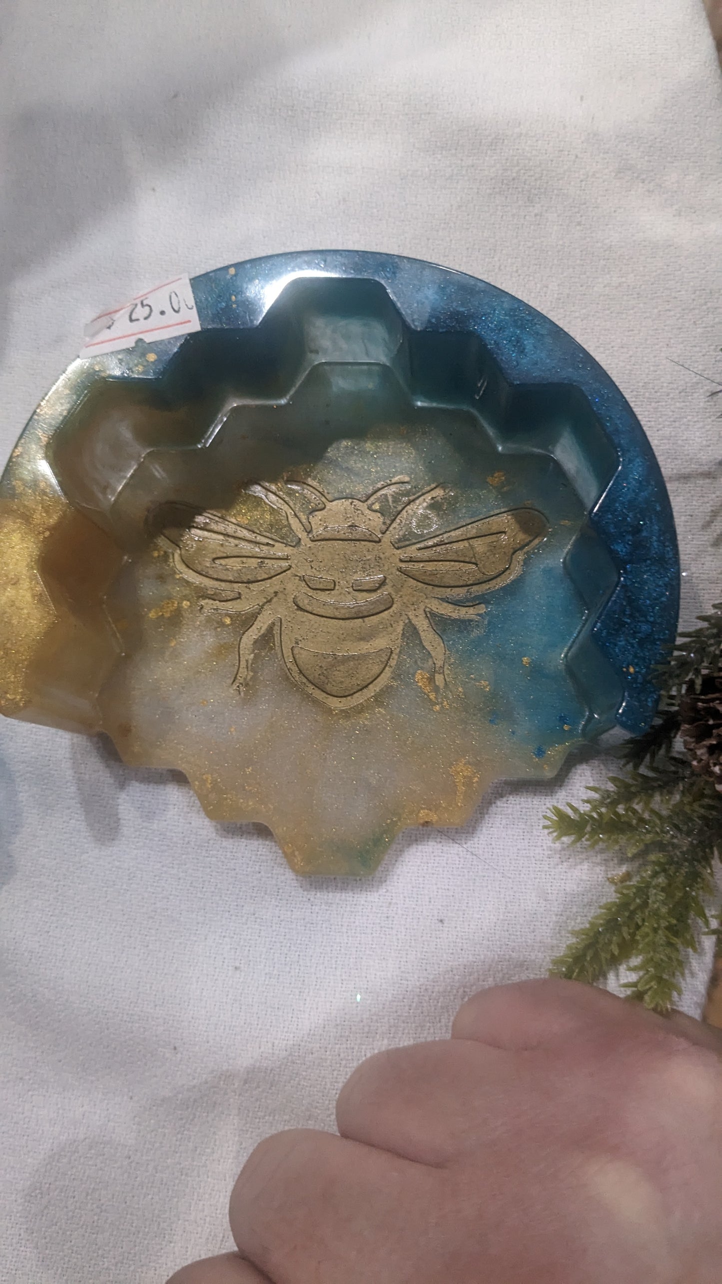 Coaster Set turquoise and gold honeycomb and Bee