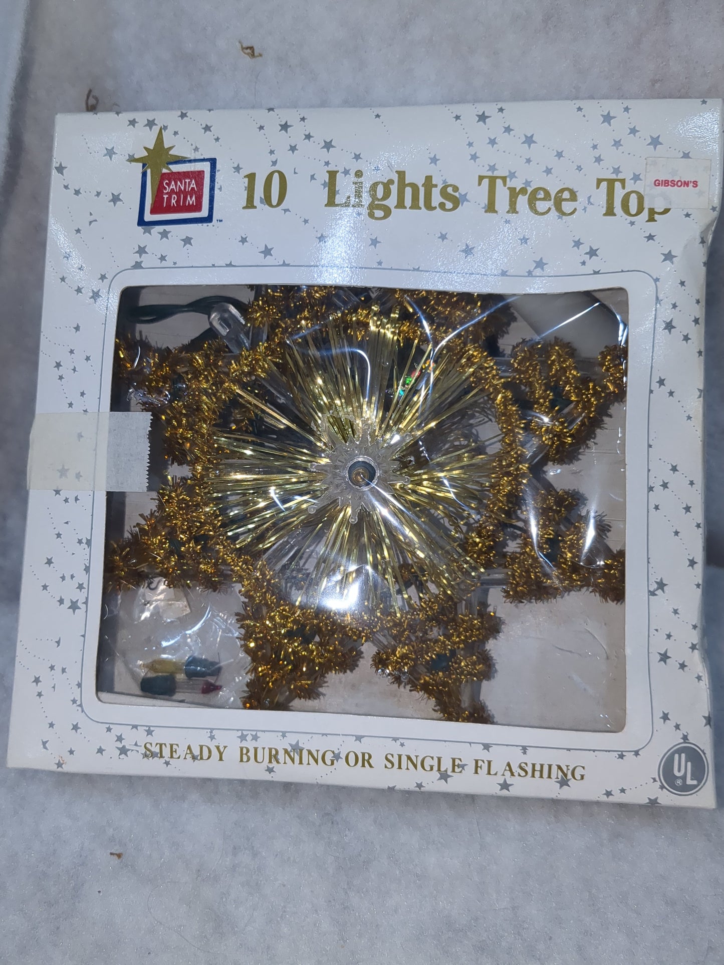 111 Vintage Christmas Tree Topper Santa Trim 10 Lights Tree Top Box gold tinsel tt564