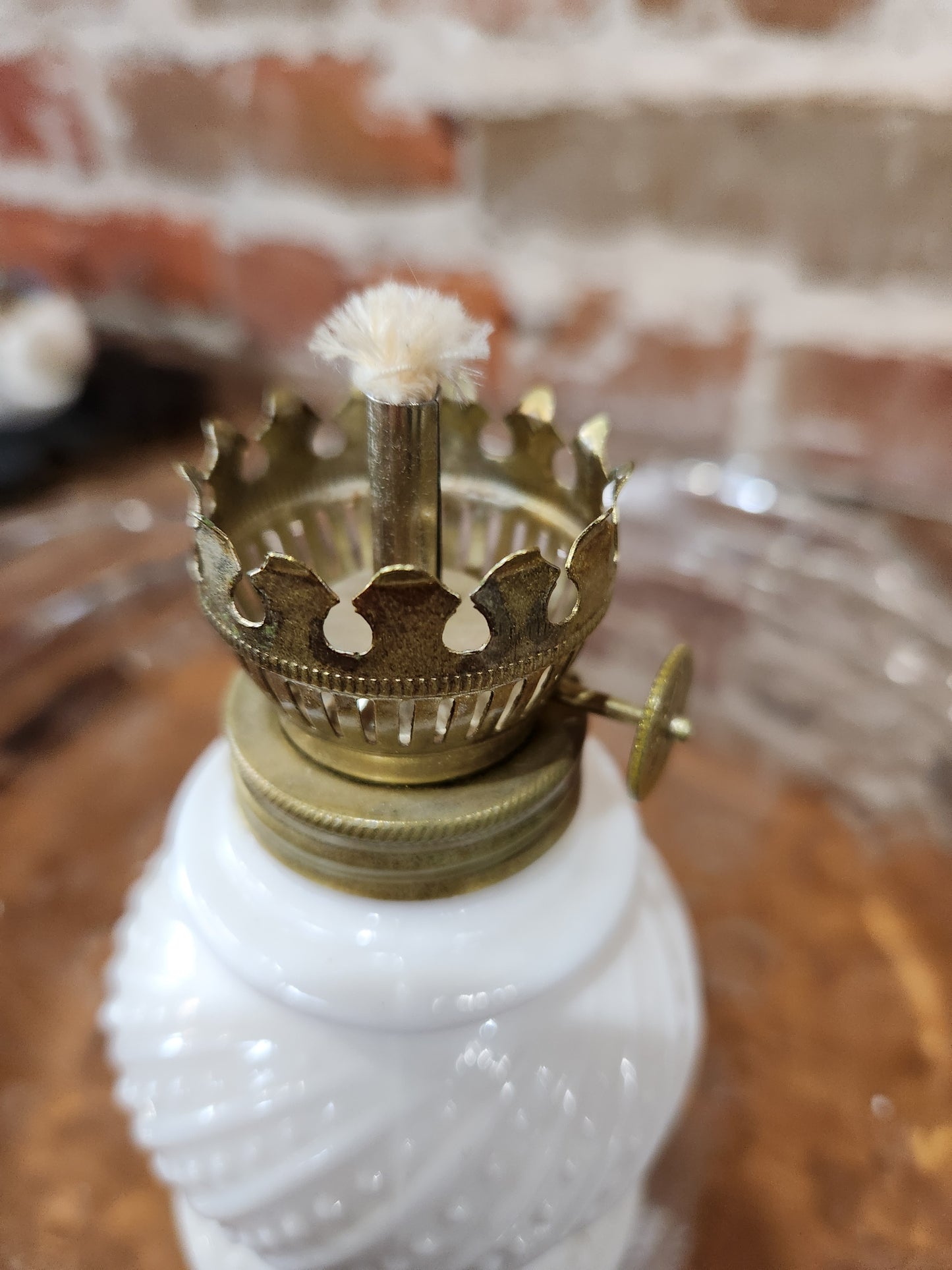 Vintage Enesco Miniature Round Hobnail Milk Glass Oil Lamp 8” lamp4