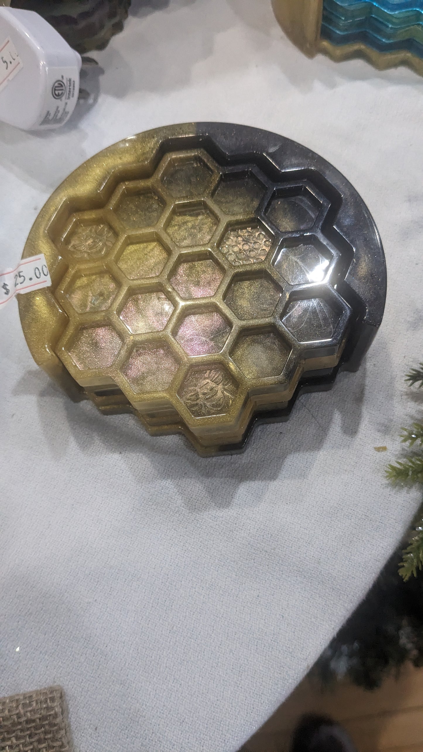 Coaster Set black and gold honeycomb and Bee
