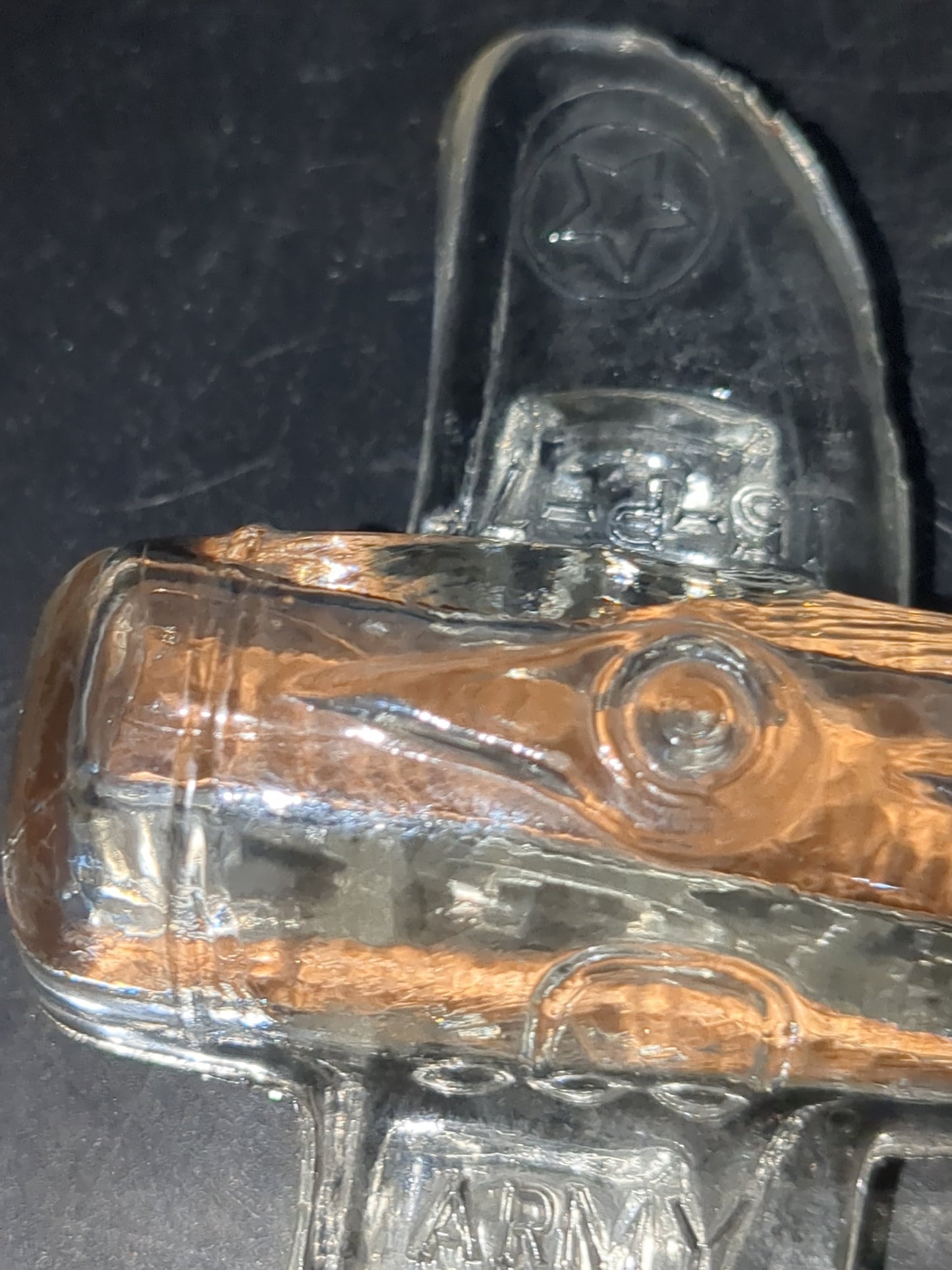 Vintage 1940s Jeanette Glass WWII  US Army Bomber glass candy container with original label Figural glass airplane candy gl123
