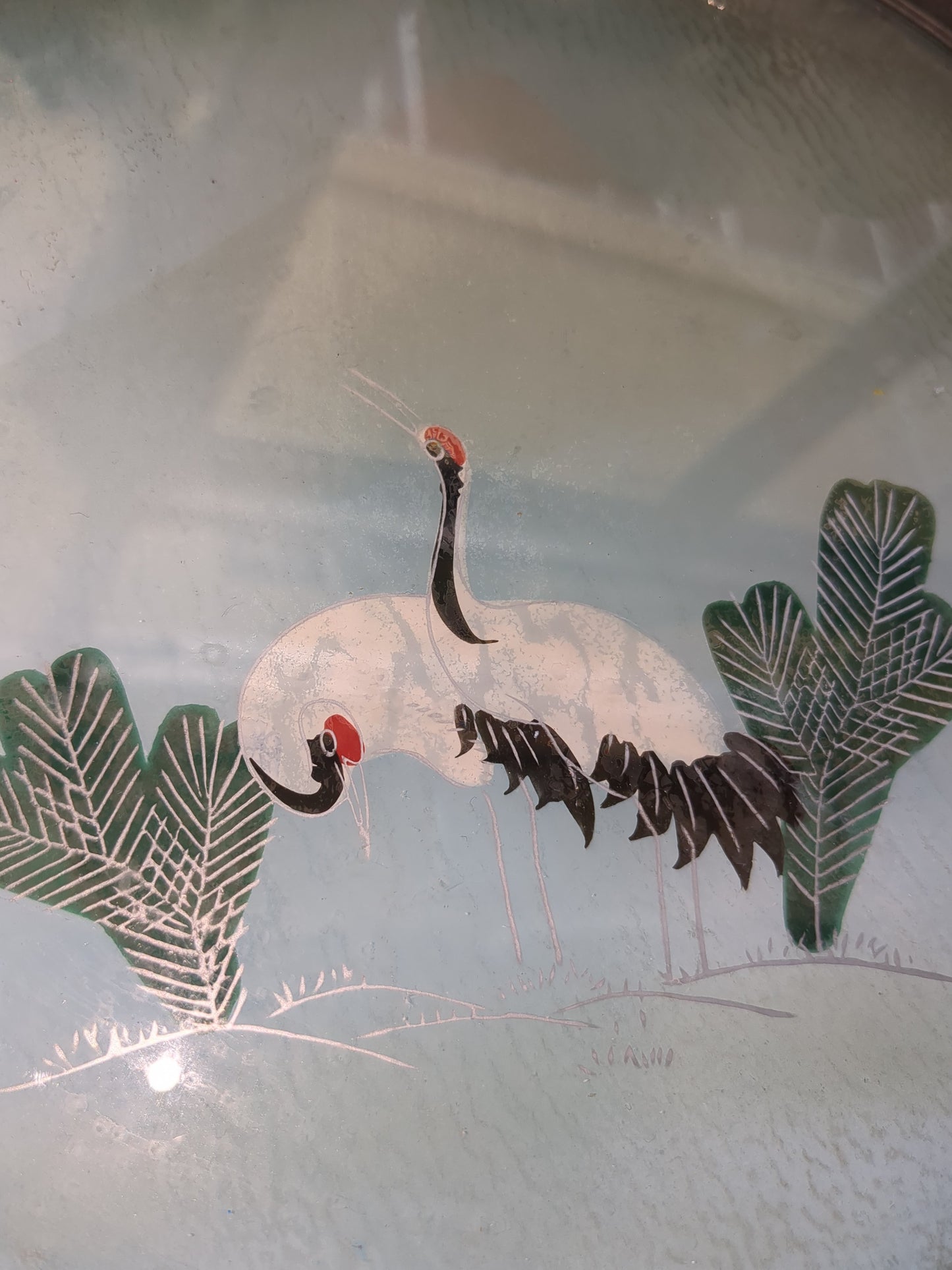 Vintage glass serving tray made in Japan with sandhill cranes on it includes five coasters