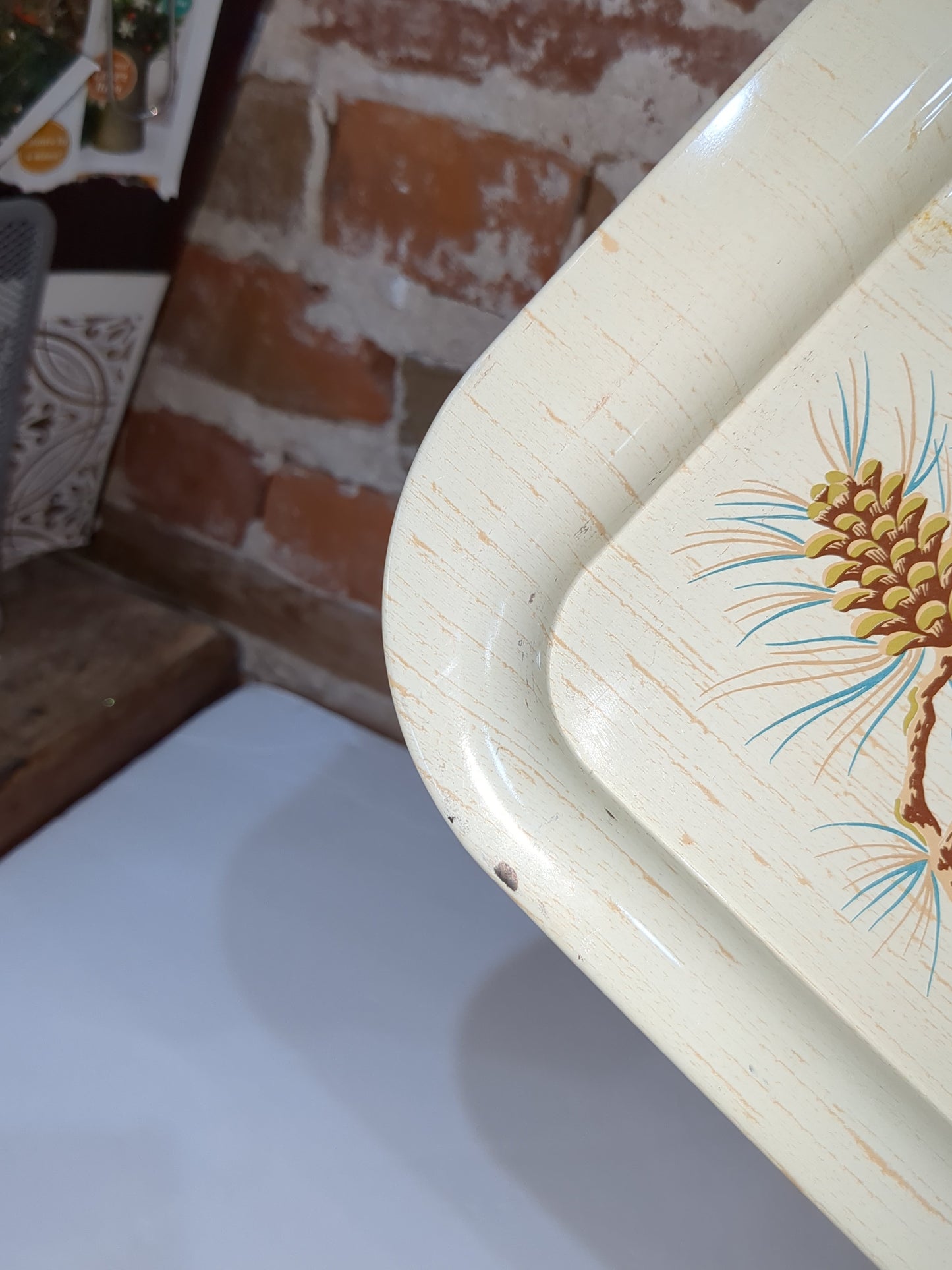Vintage MCM Turquoise, brown, cream, buttery yellow Pine Cone Metal Serving Tray