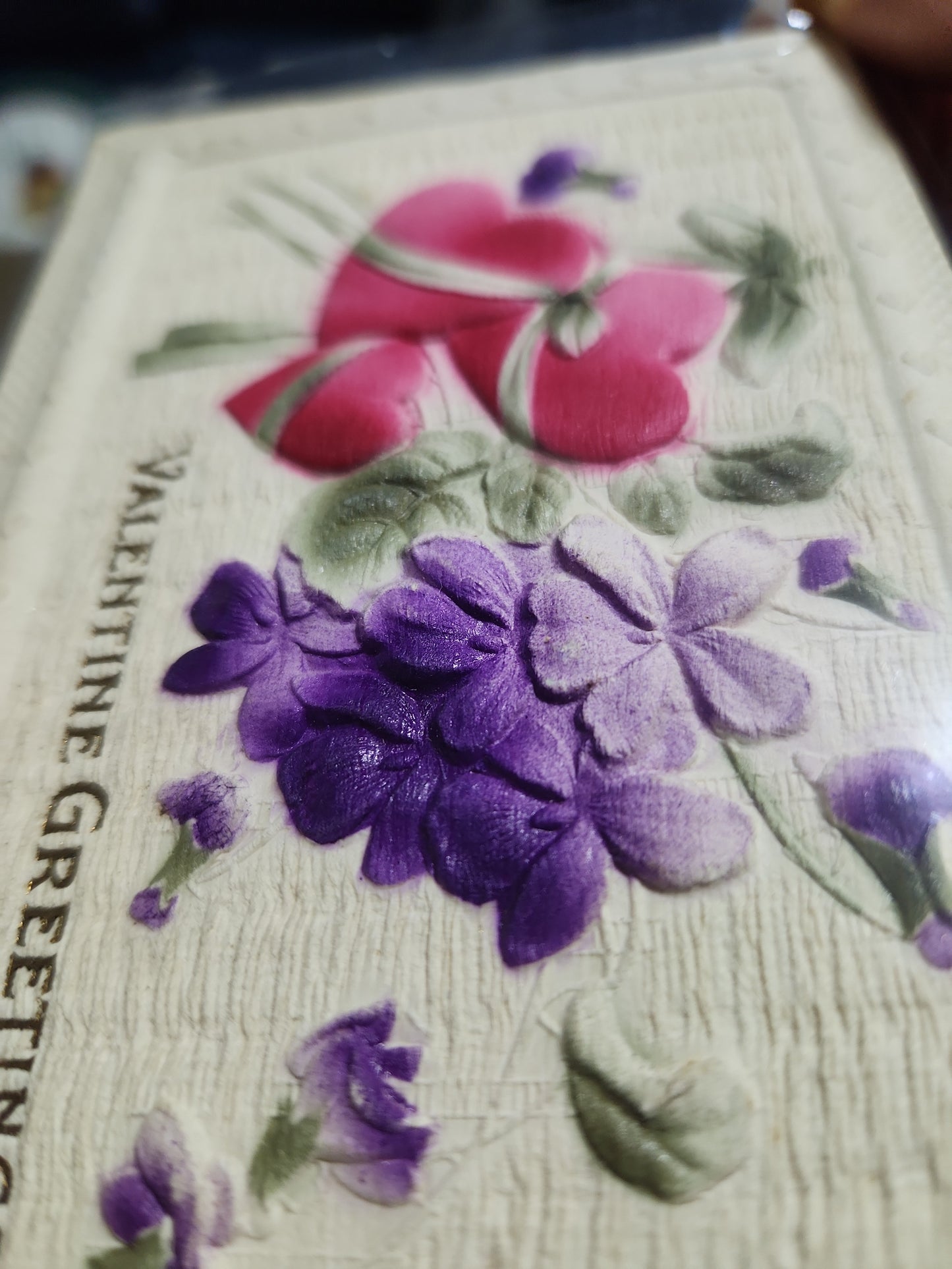 Antique Valentine post card Valentine Greeting Embossed Hearts and Violets