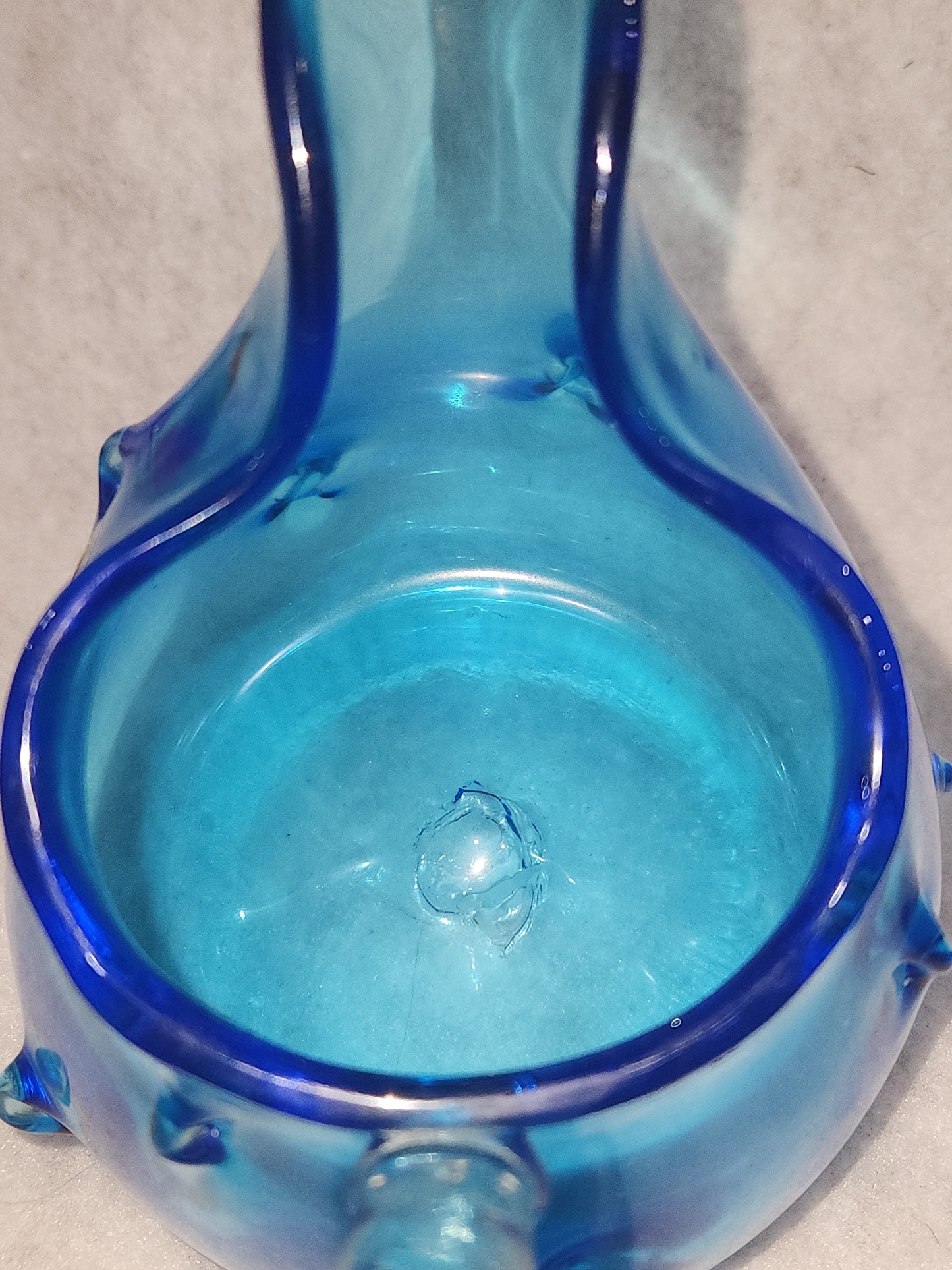 Vintage Bischoff hand blown Art Glass pinches Teal Blue Pitcher Clear handle gla999