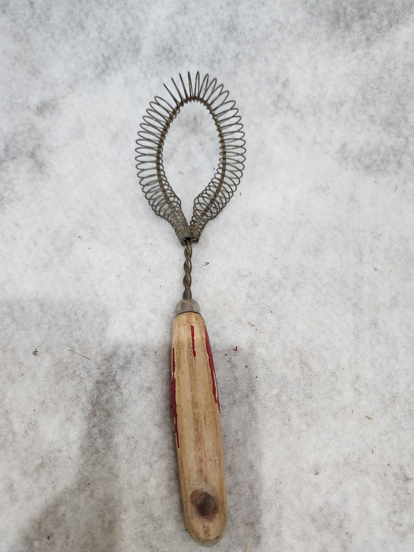 Vintage utensil twisted coiled whisk stainless steel worn red wooden handle kit558