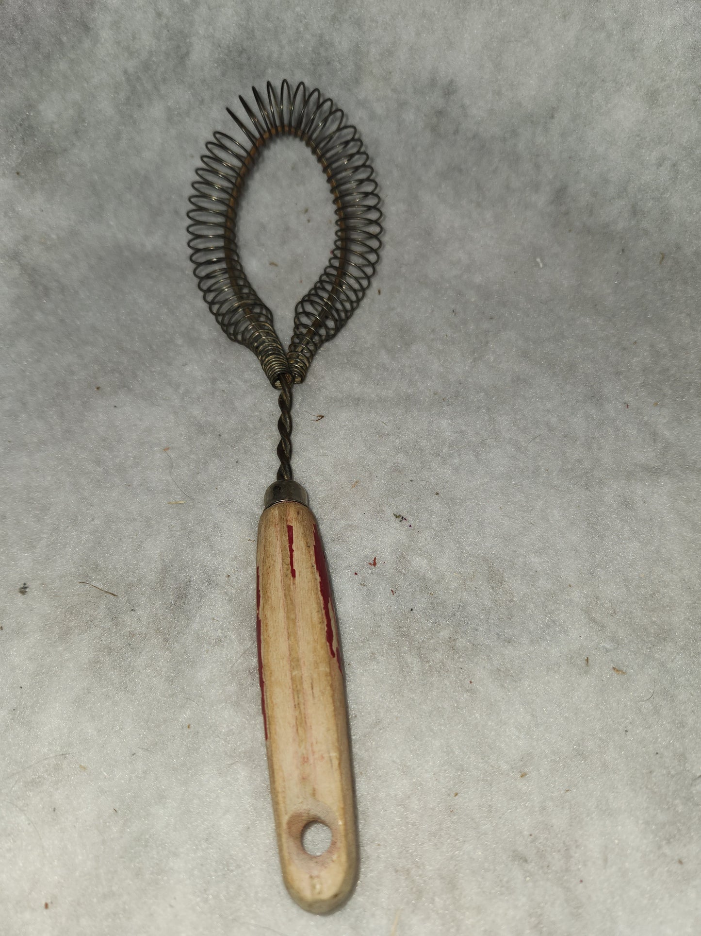 Vintage utensil twisted coiled whisk stainless steel worn red wooden handle kit558