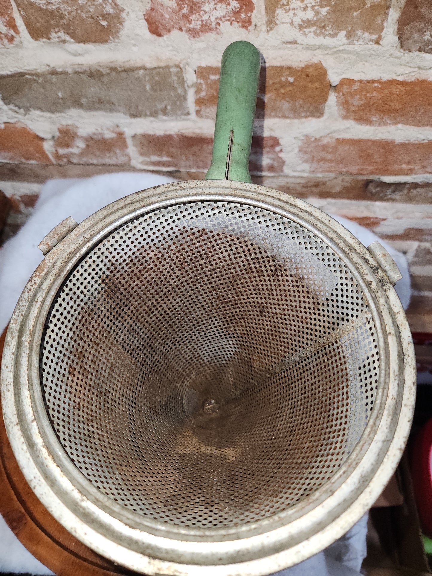 Vintage Cone Sieve Colander in stand Green Handle Patina kit719
