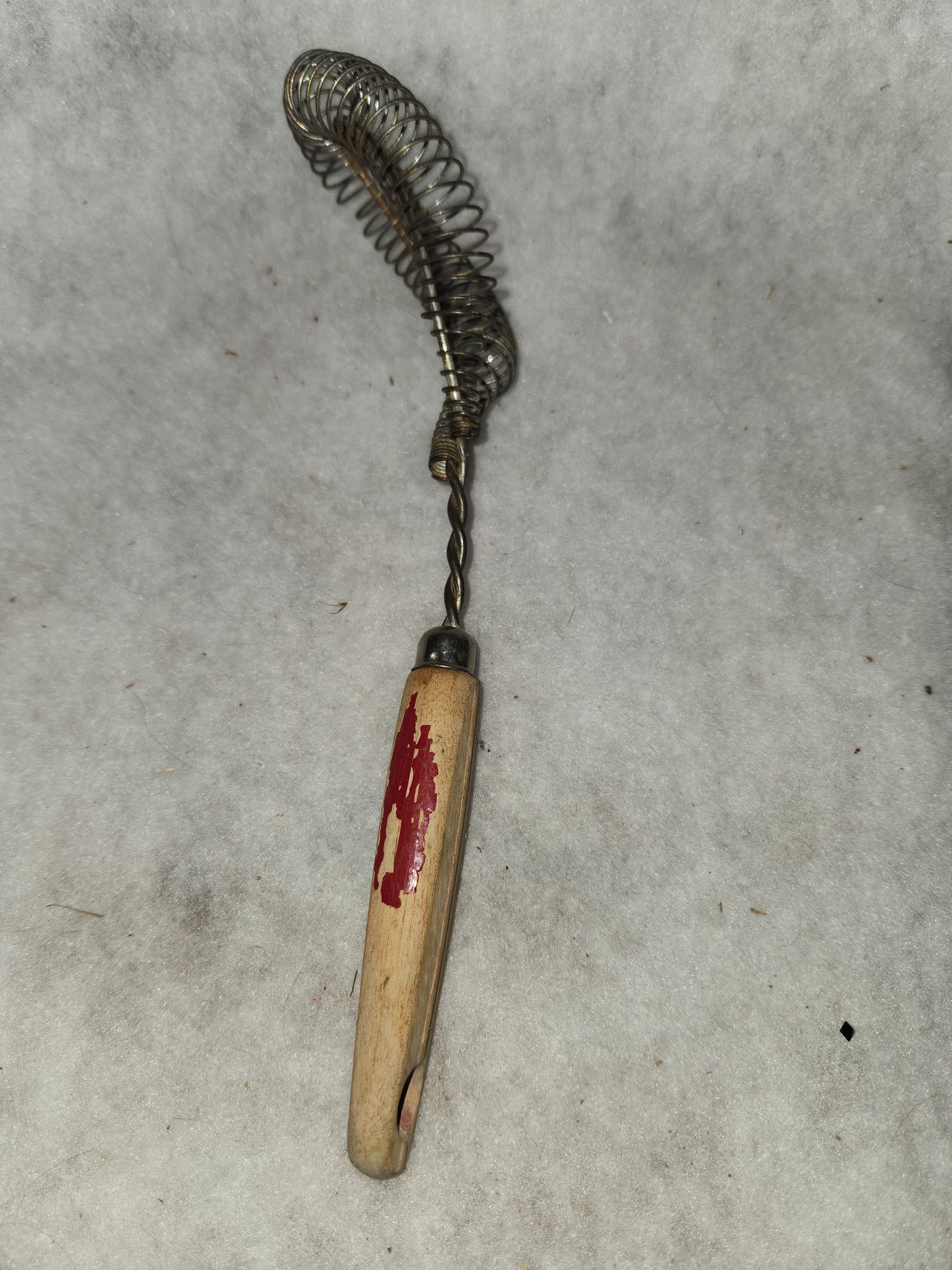 Vintage utensil twisted coiled whisk stainless steel worn red wooden handle kit558