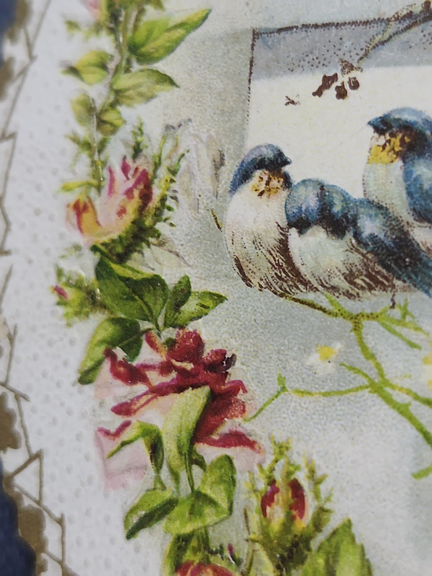 Antique Valentine Card Die-Cut Embossed Heart with Birds and Roses