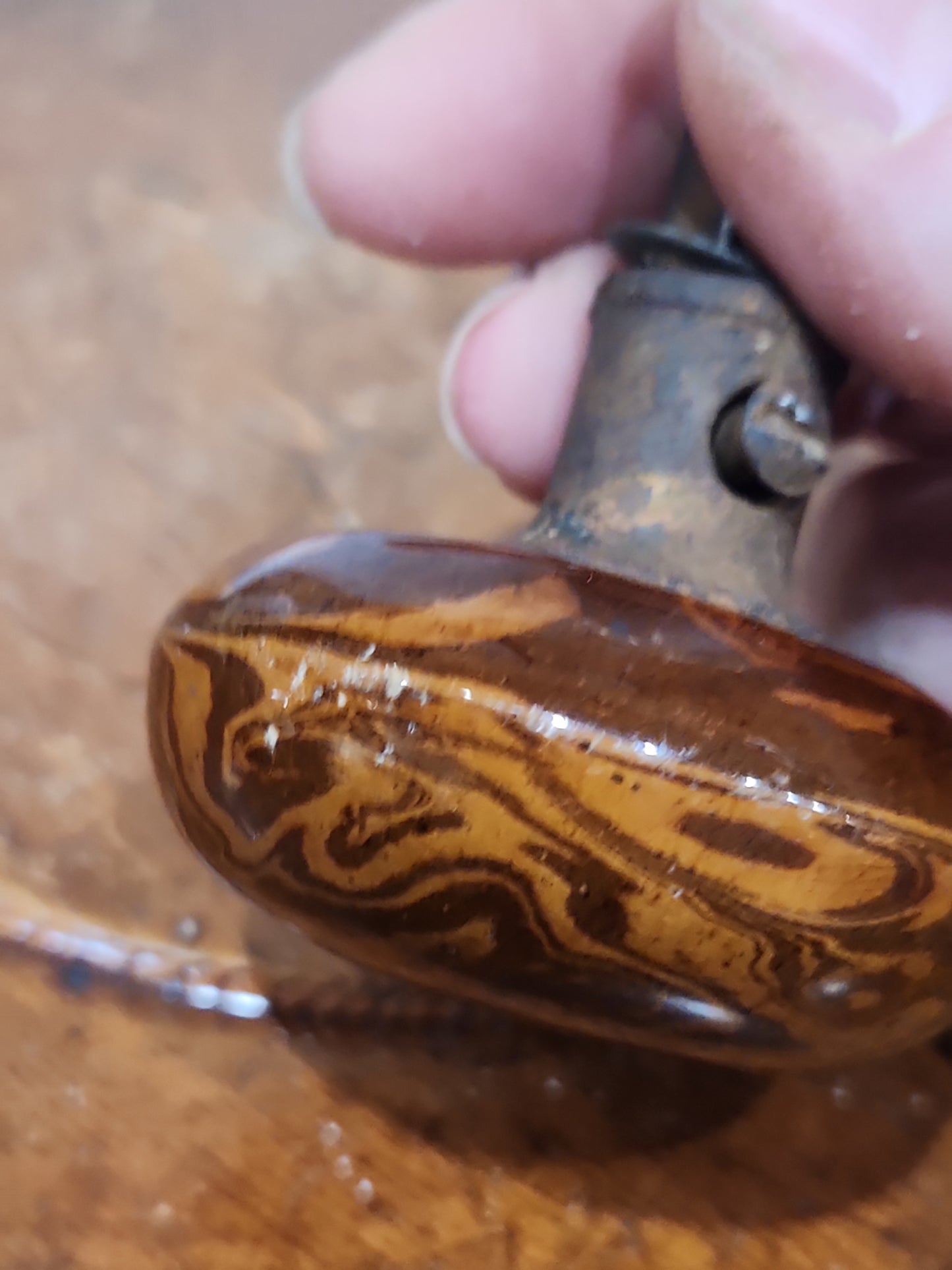 Antique UNMATCHING Porcelain Brown Marble or Swirl Door Knobs attached to a stem kn20