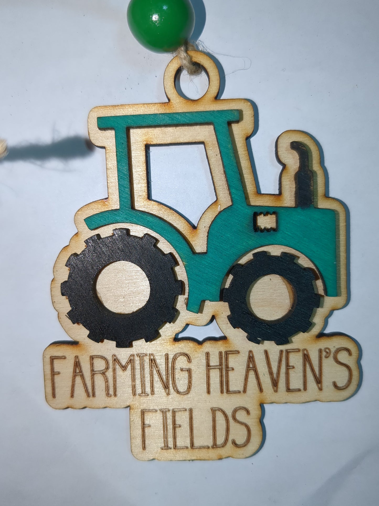 Ornament or car charm memorial green tractor "Farming Heaven's Fields"