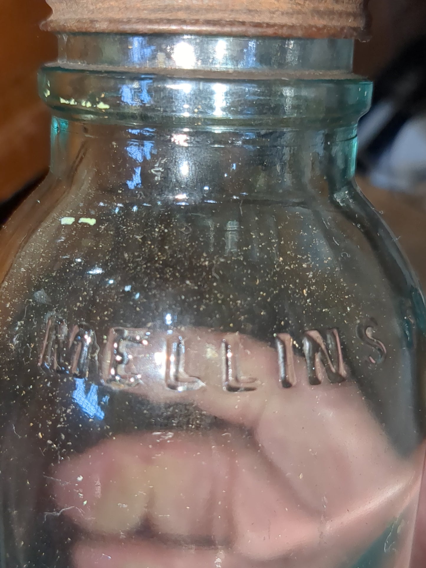 Vintage Mellin's Food Co Boston 6" Bottle Jar Aqua Blue Glass with lid Mellins bt87