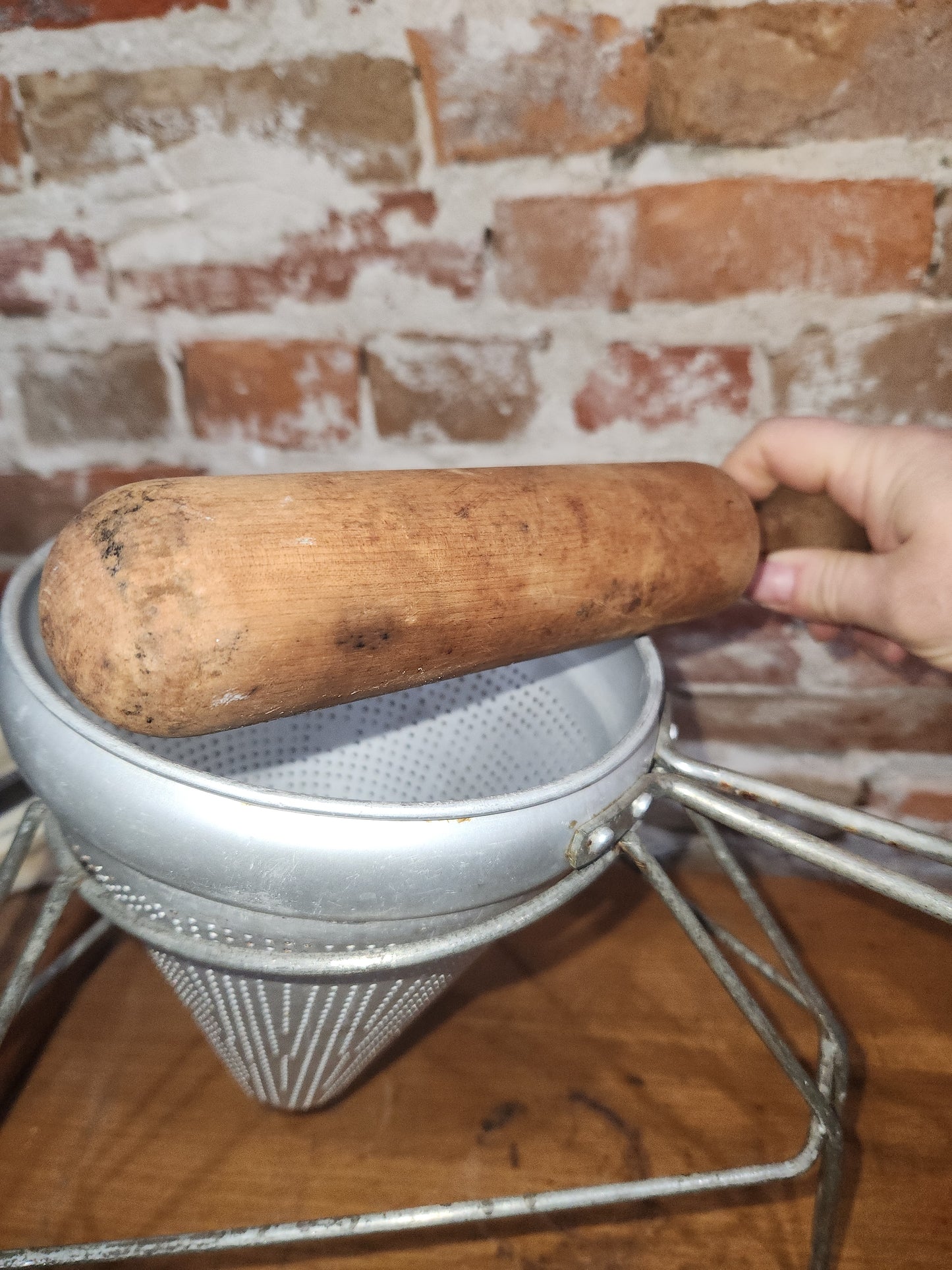 Vintage Cone Sieve Colander Strainer with Stand with Wood Pestle ki334