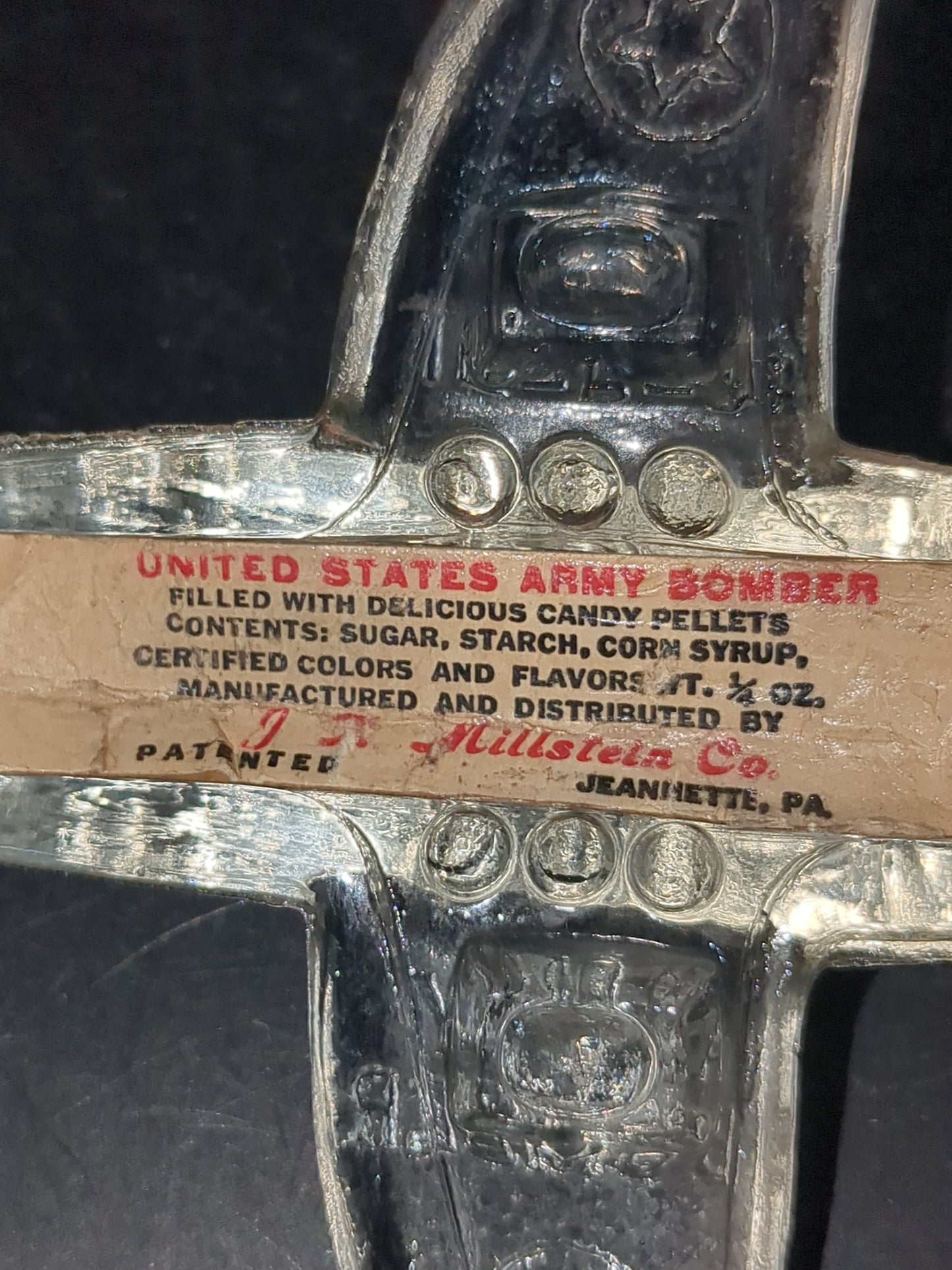 Vintage 1940s Jeanette Glass WWII  US Army Bomber glass candy container with original label Figural glass airplane candy gl123