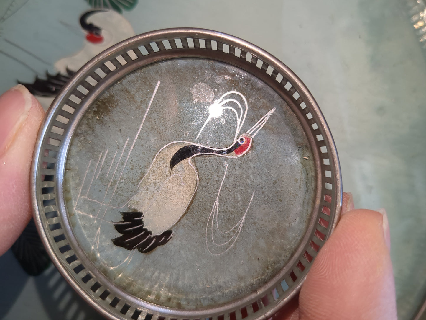 Vintage glass serving tray made in Japan with sandhill cranes on it includes five coasters