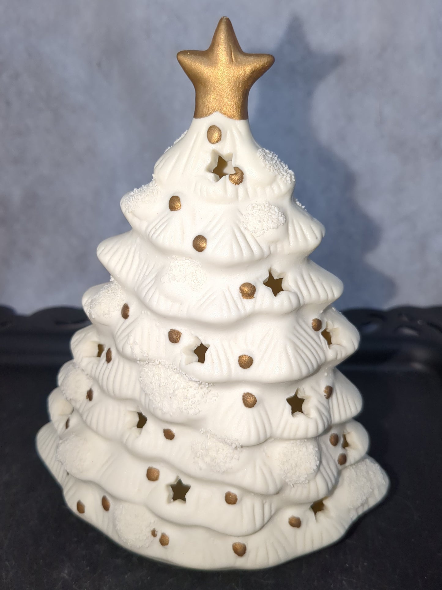 Vintage Matte Ceramic Christmas Tree Votive Holder-White Gold Star Candles