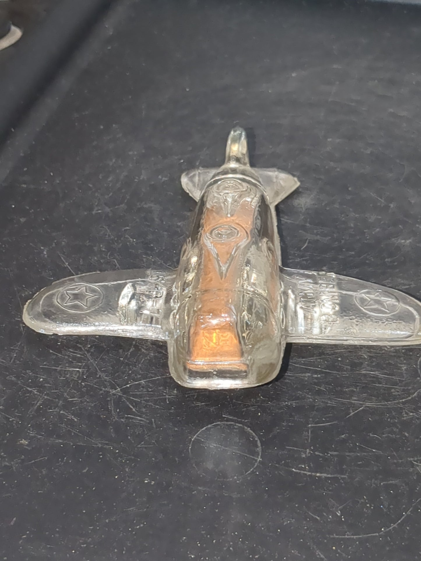 Vintage 1940s Jeanette Glass WWII  US Army Bomber glass candy container with original label Figural glass airplane candy gl123