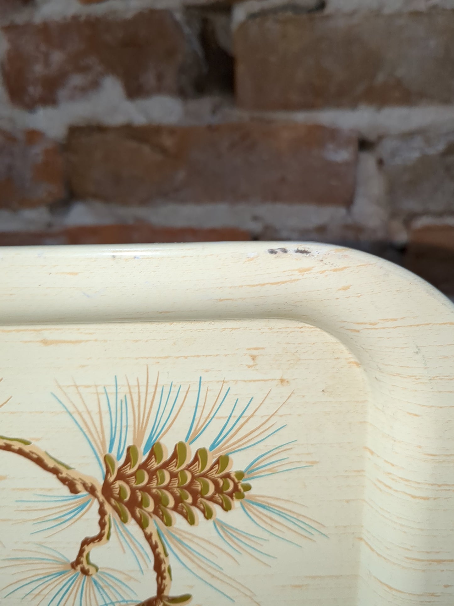 Vintage MCM Turquoise, brown, cream, buttery yellow Pine Cone Metal Serving Tray