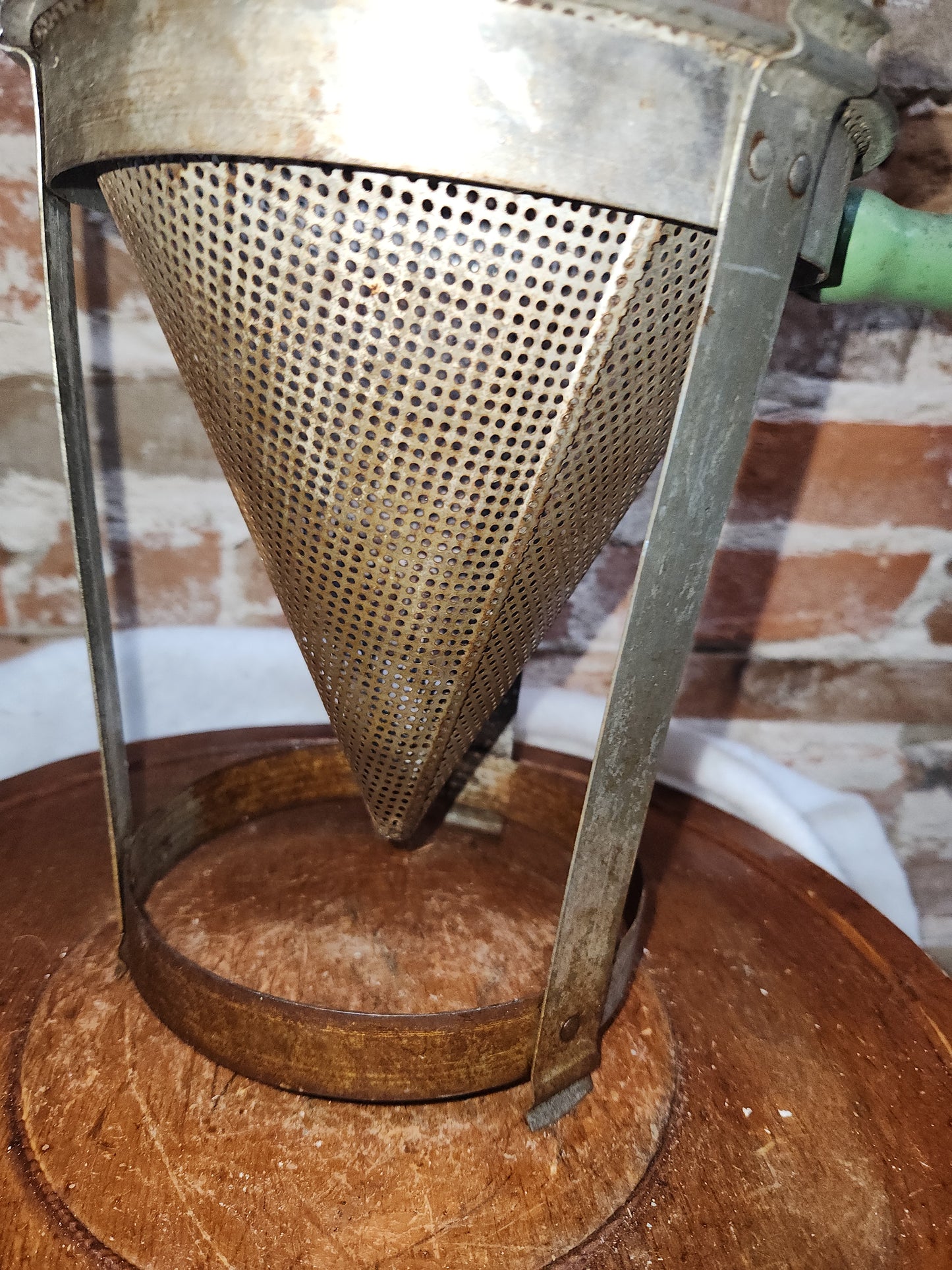 Vintage Cone Sieve Colander in stand Green Handle Patina kit719