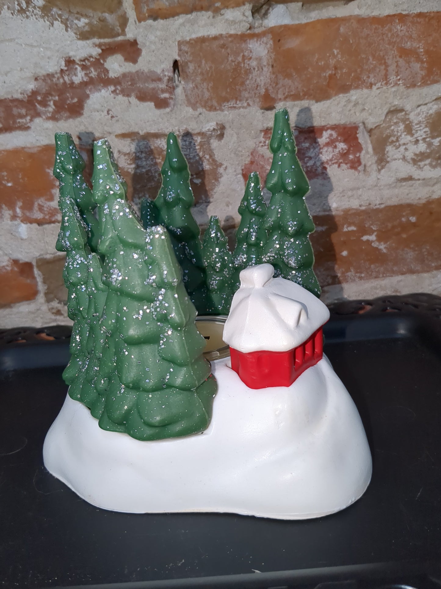 vintage Avon Winter Wonderland Bayberry Candle Scene candleholder barn trees av596