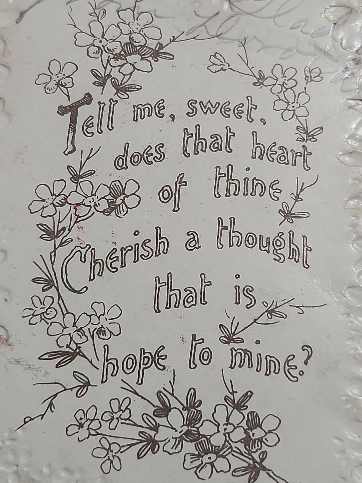 Antique Valentines Postcard Embossed Beloved Victorian couple Embossed flowers poem