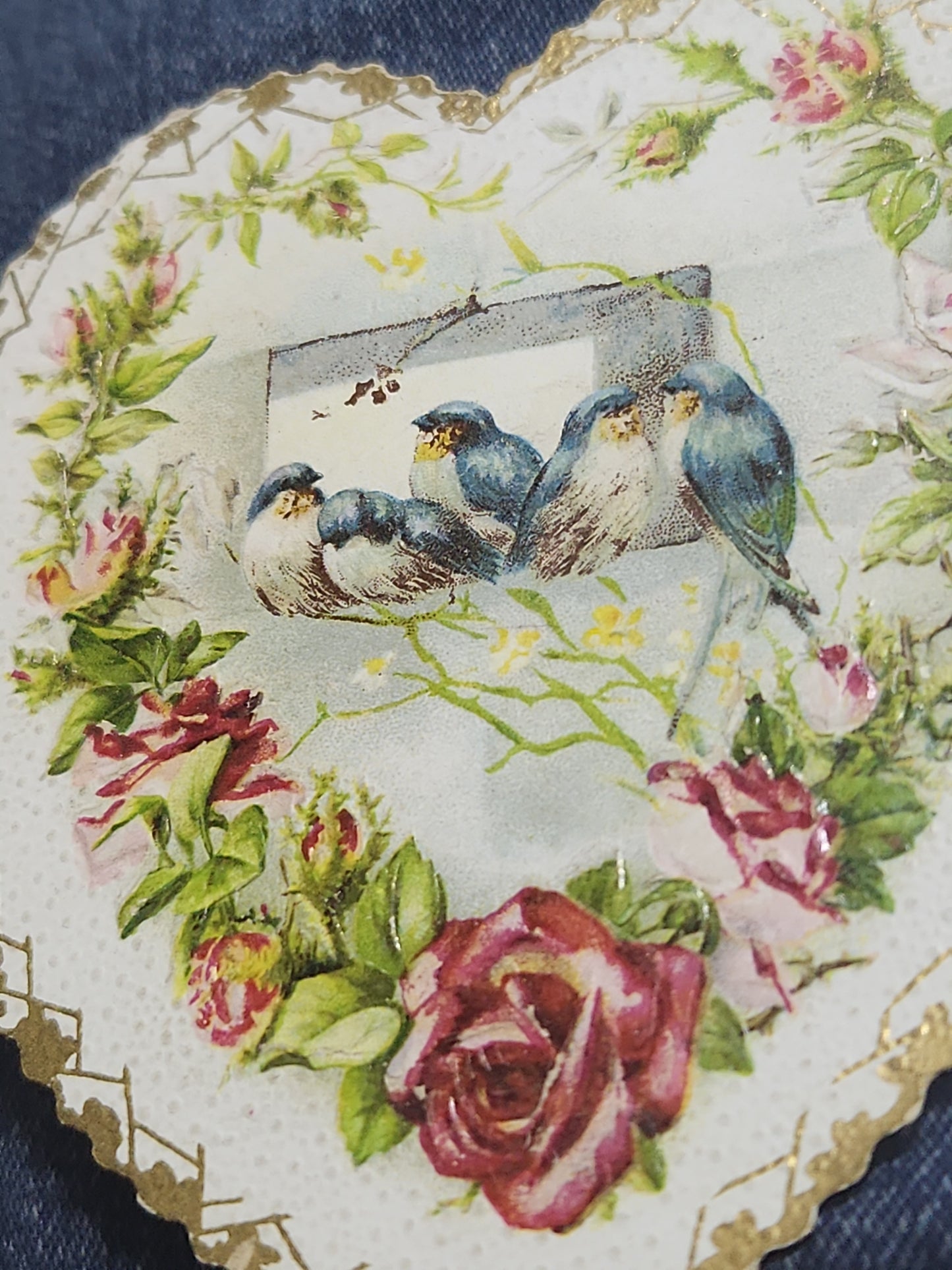 Antique Valentine Card Die-Cut Embossed Heart with Birds and Roses