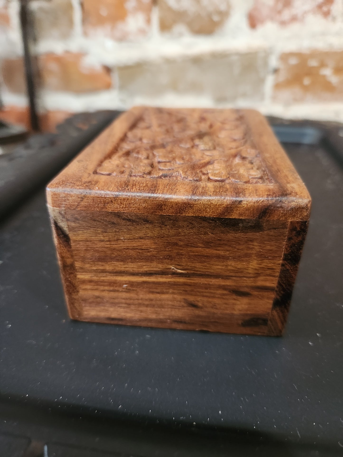 Vintage Hand Craved Wooden Box Lid Opening on Bottom Floral Design smaller of the two boxes box46
