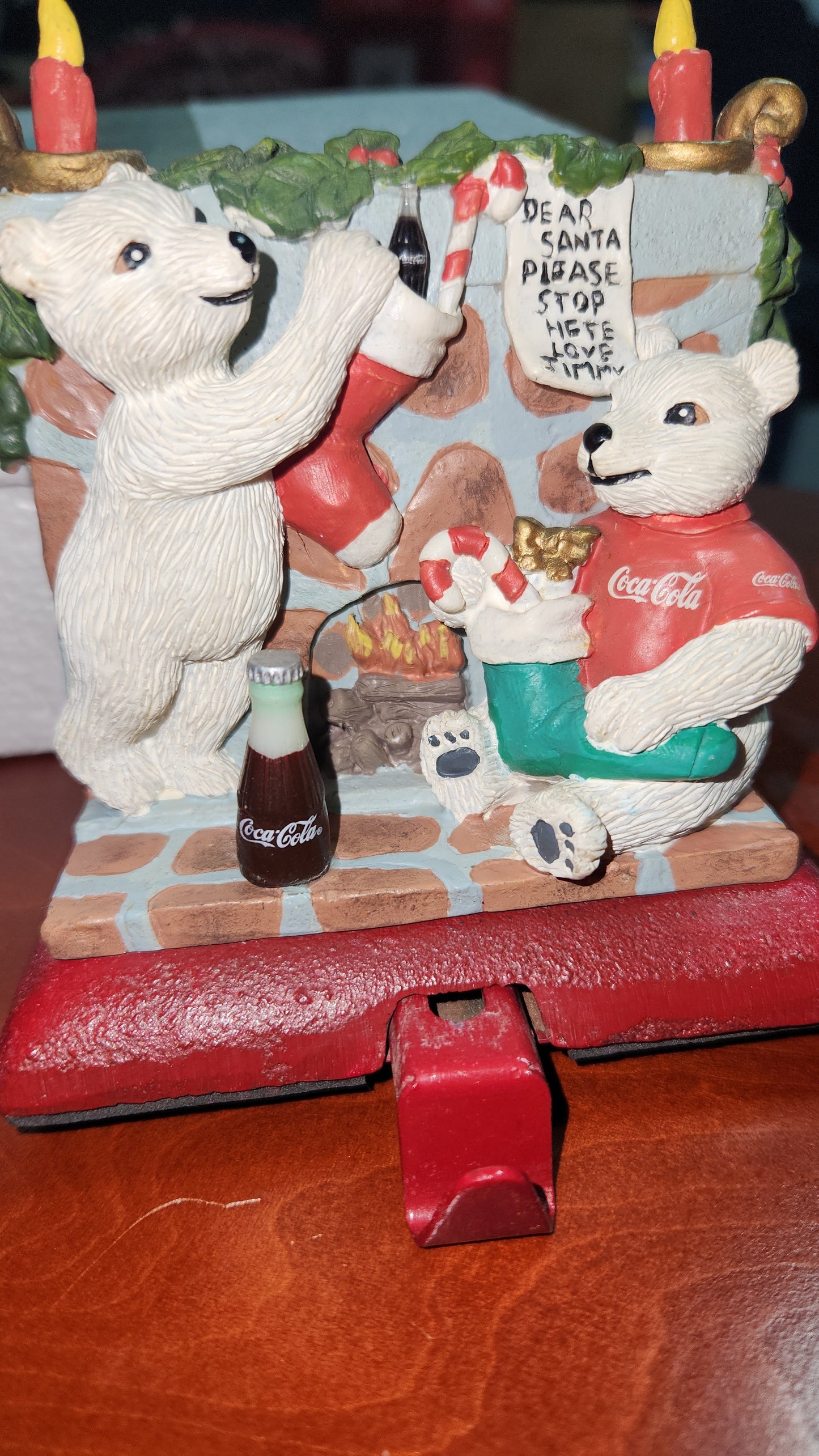 Vintage Coca-Cola Coke Cast Iron Stocking Holder - 1997 Bears at Fireplace cc262
