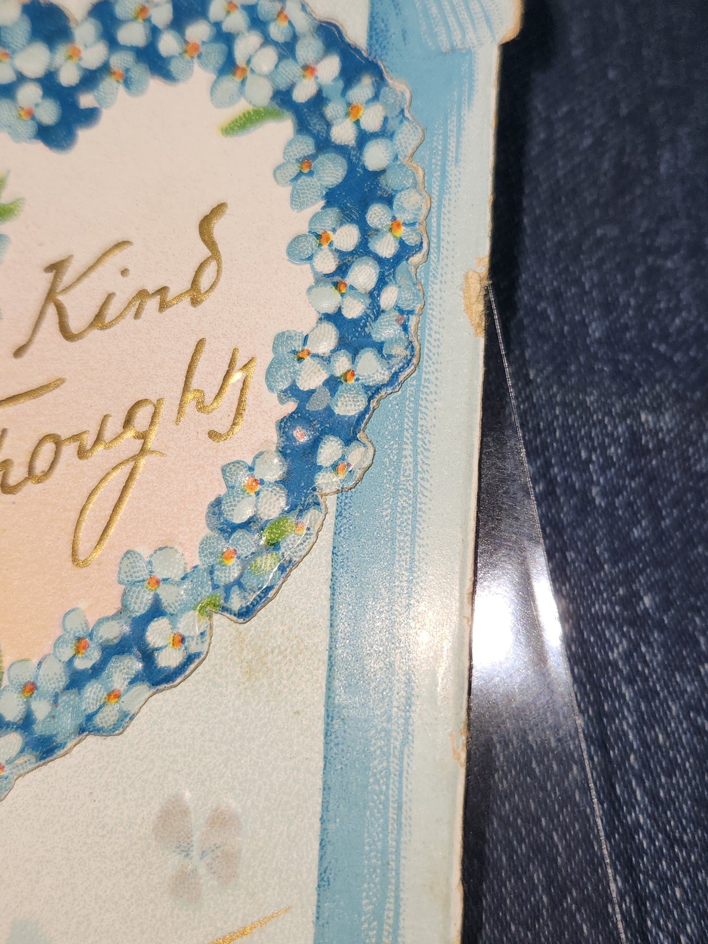Antique Tuck & Sons Valentines Day Greeting Card Girl, gold birds, blue flowers, Kind Thoughts