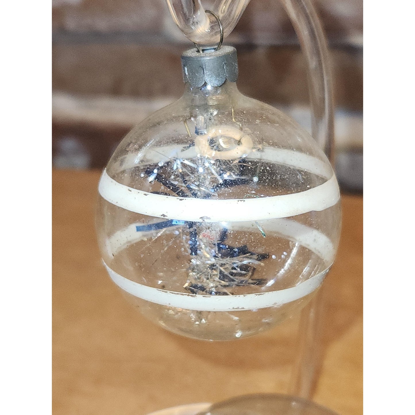 Vintage Circle and Teardrop Unsilvered Transparent Glass Ornament with Tinsel Inside WWII Era 1940s Set of 2 Clear with Tinsel AS IS