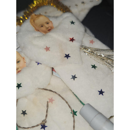 Replica of Antique Ornaments with Actual Vintage Paper Scraps and newer Crepe and Cotton Batting. Chr111