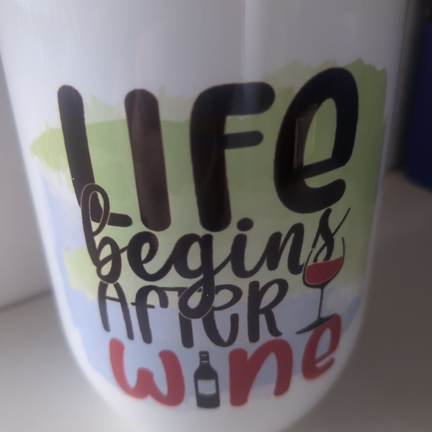 12 Oz stainless steel wine tumbler. It says life begins after wine
