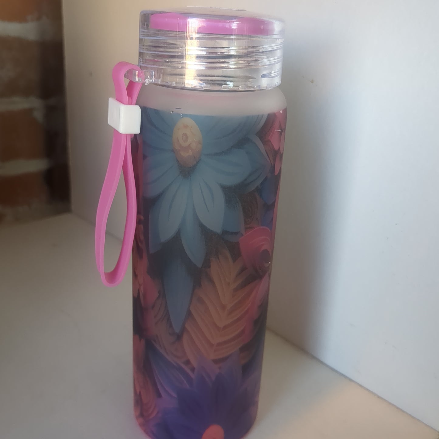 17oz Double Walled Glass Tumbler pink with flowers