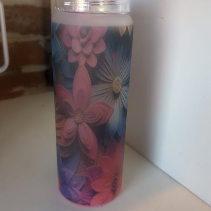 17oz Double Walled Glass Tumbler pink with flowers