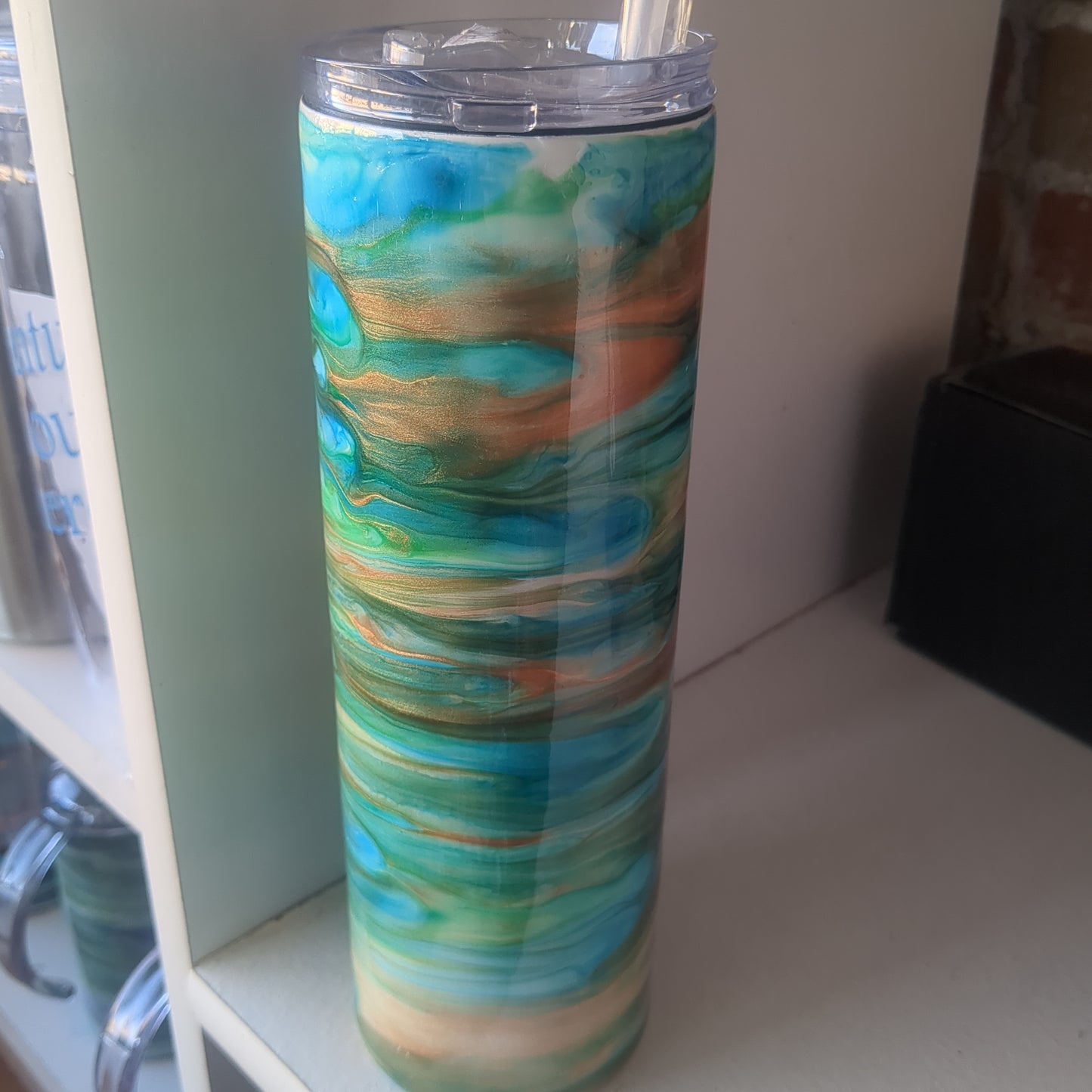 30 ounce stainless steel insulated alcohol ink art Tumbler blue, copper, aqua, green