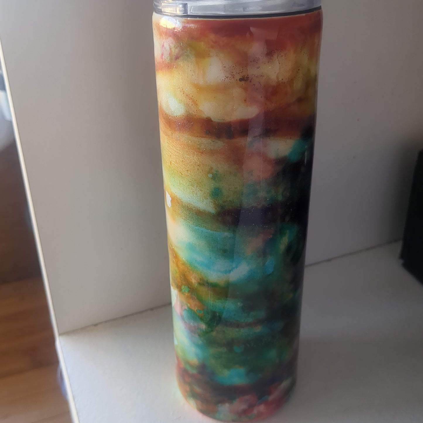 30 oz Stainless Steel Insulated Alcohol Ink Art Tumbler yellow, aqua, orange, red, glitter