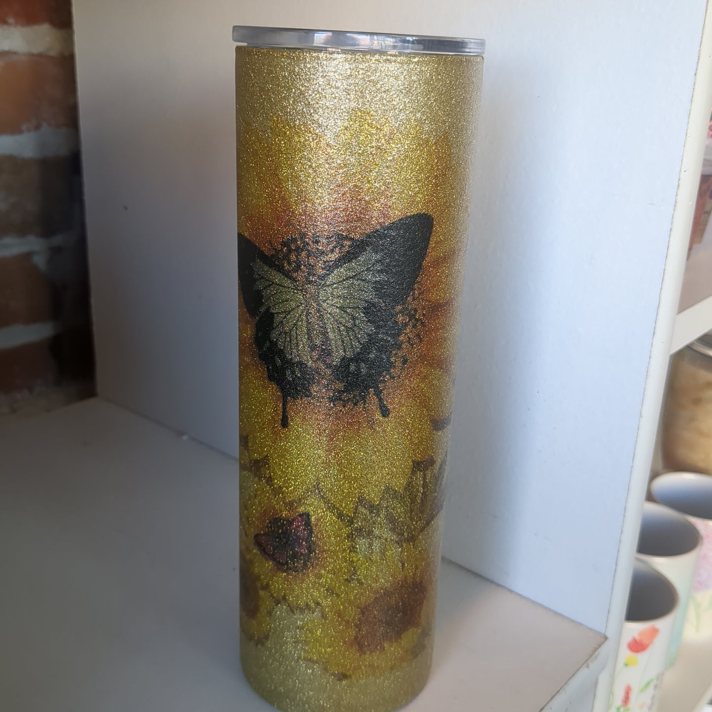 30 Ounce Stainless Steel Insulated Glitter Tumbler With Butterflies And Sunflowers