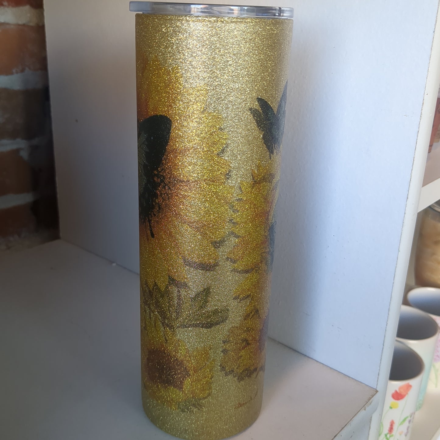 30 Ounce Stainless Steel Insulated Glitter Tumbler With Butterflies And Sunflowers