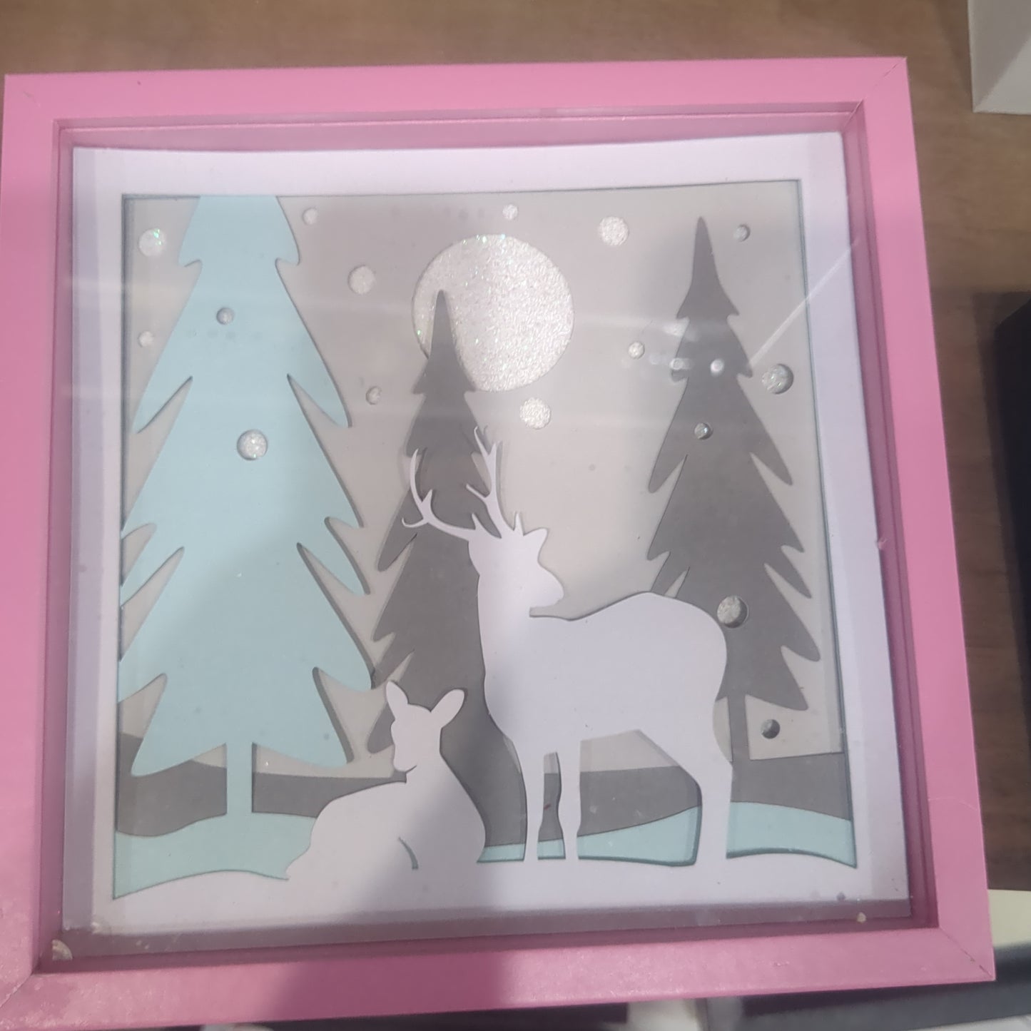 5 1/2 x 5 1/2 pink shadow box with paper cut deer in Forest serene