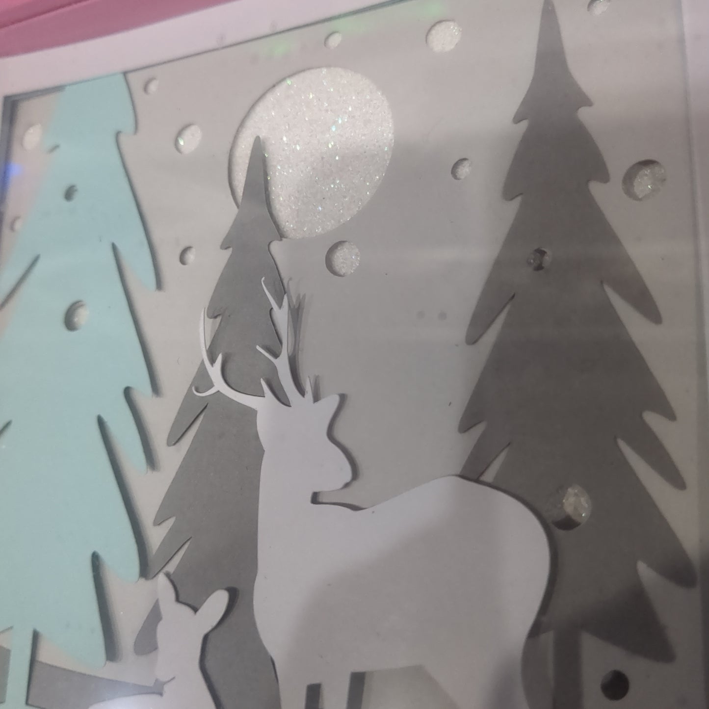 5 1/2 x 5 1/2 pink shadow box with paper cut deer in Forest serene