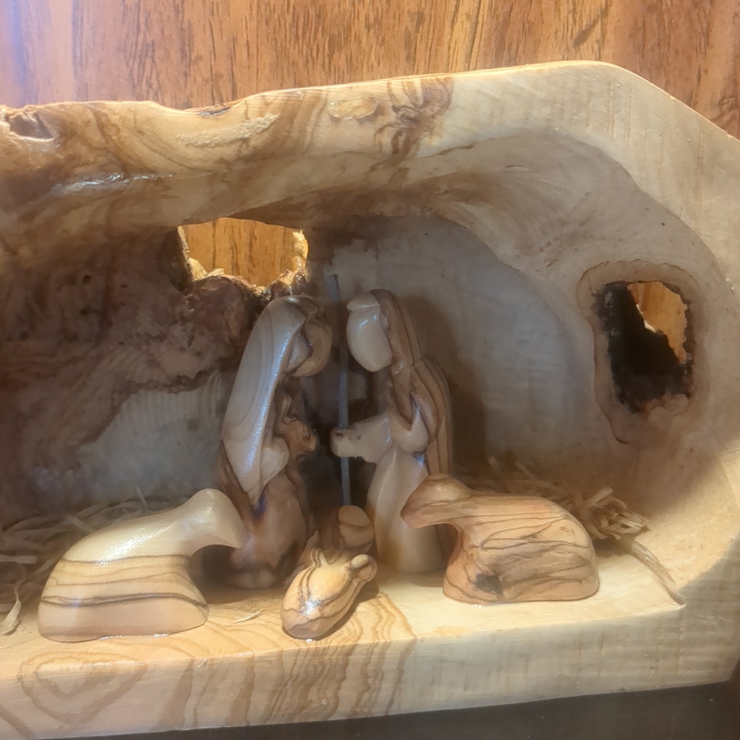 Large Grotto nativity made from Roots of the olive wood tree.  Made in Bethlehem.