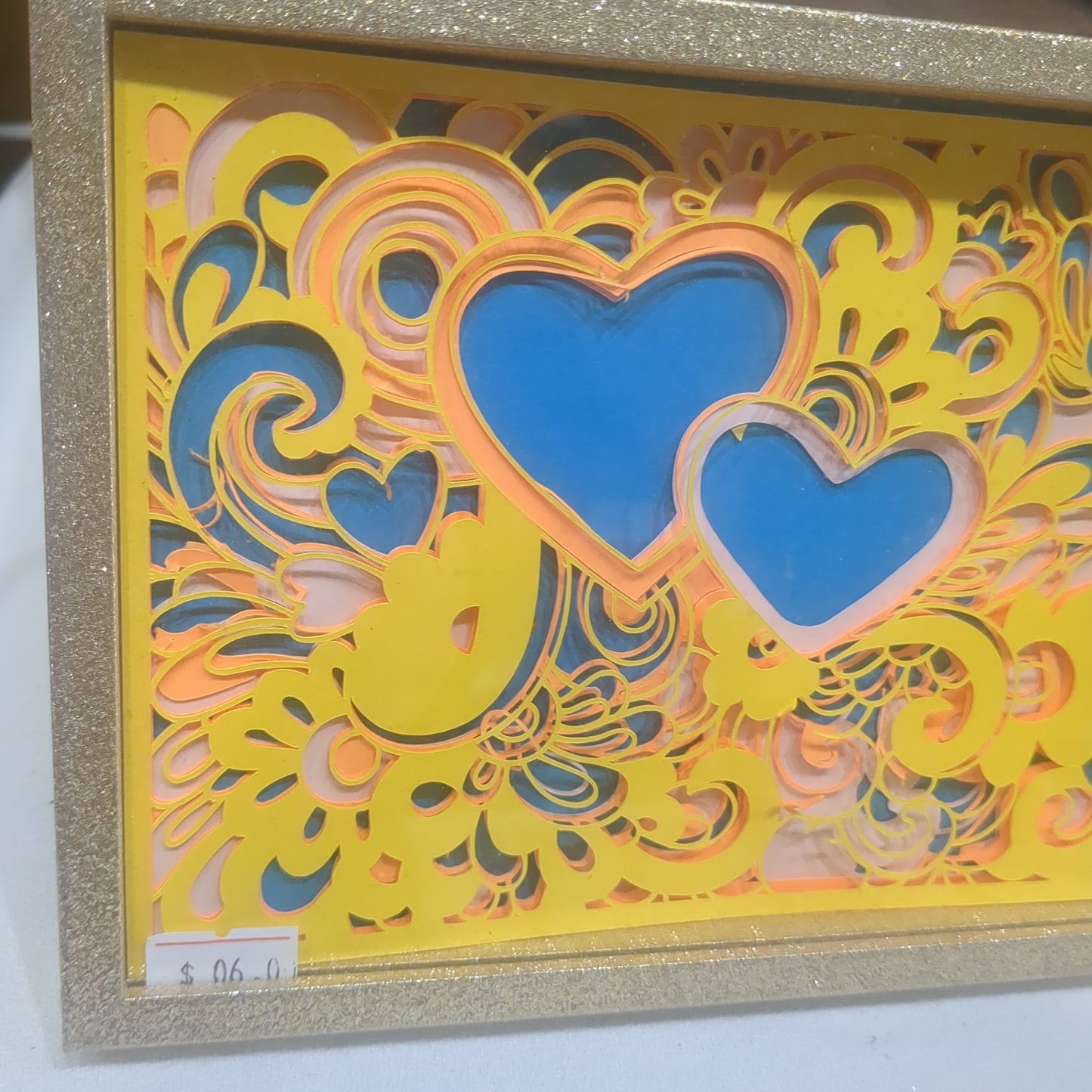 5 x 7“ gold shadowbox with Papercut paisley heart