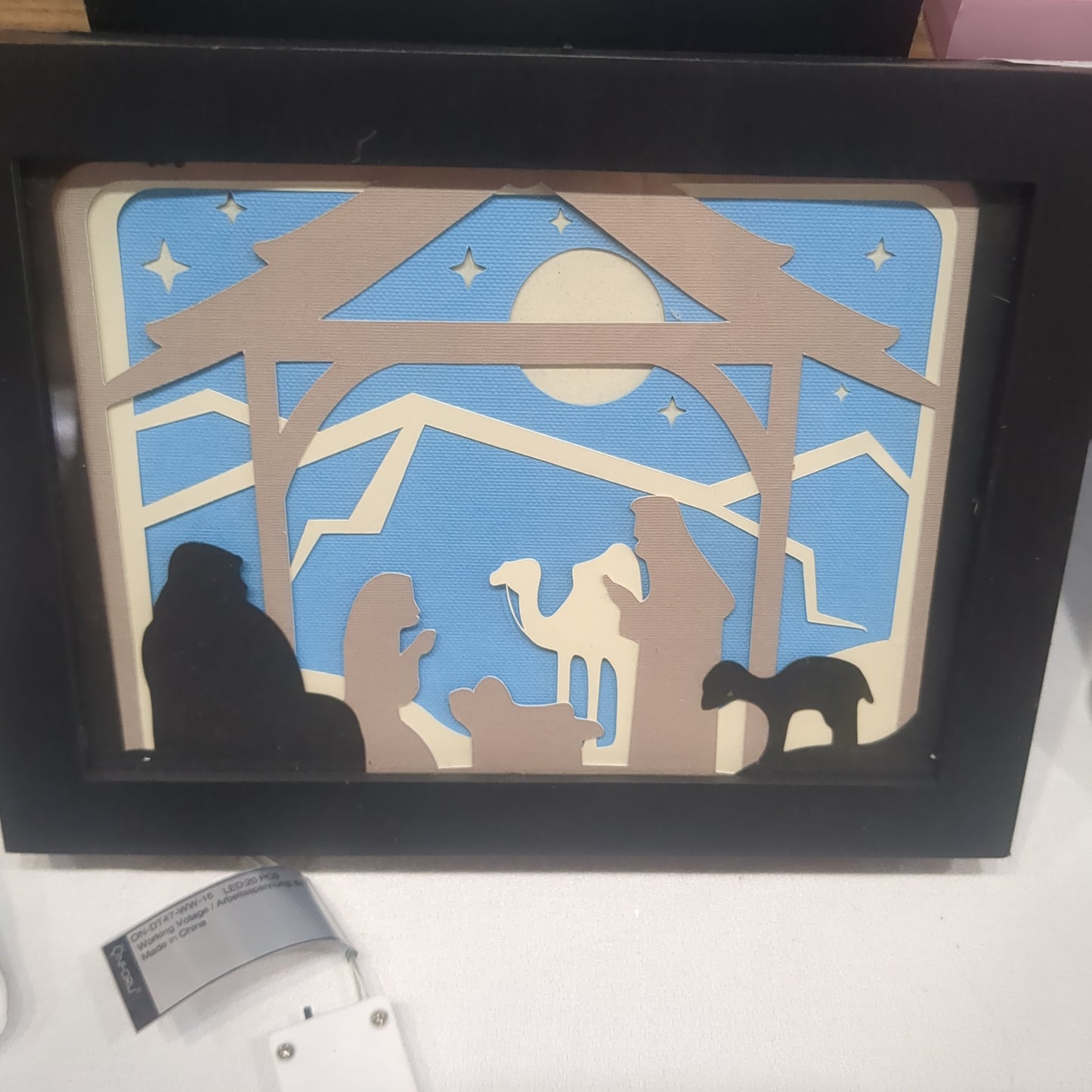Nativity layered in a Shadowbox with fairy lights