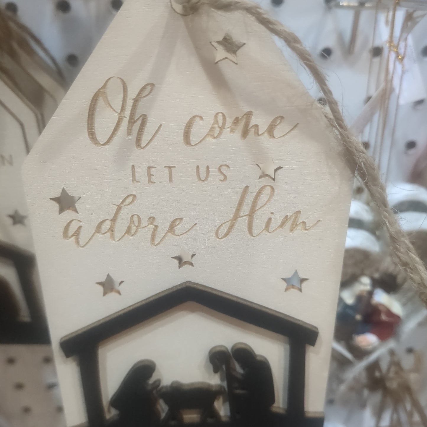 Let Us Adore Him Wooden Tag Christmas Ornament