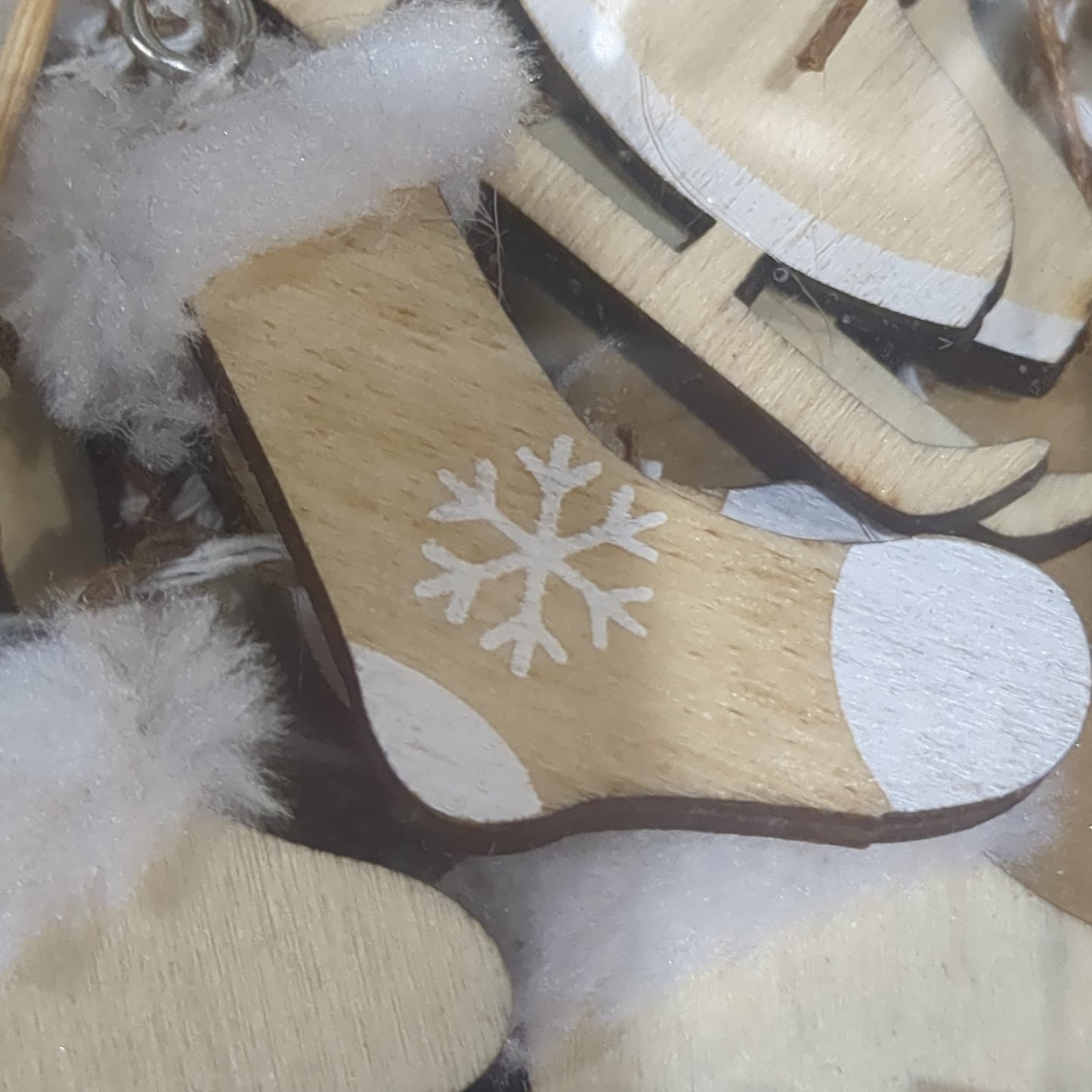 Set of 6 white and natural wood ornaments, skis, sled, skates, mittens, etc. 2-3in