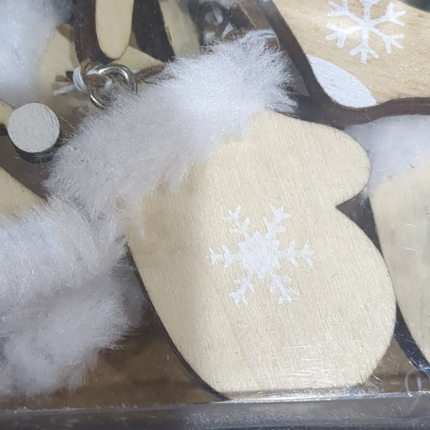 Set of 6 white and natural wood ornaments, skis, sled, skates, mittens, etc. 2-3in